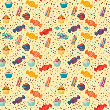 Colorful candy and cupcake seamless pattern on a light background
