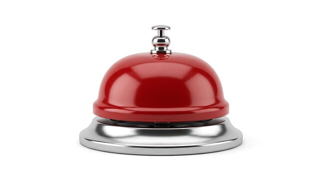 A bright red metal service bell isolated on a clean white background for hotel reception desk assistance and front desk hospitality service notifications