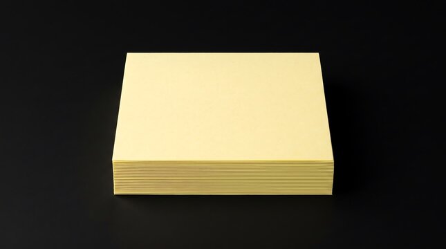 A stack of blank yellow adhesive note paper pads isolated on a solid black background for office organization and creative brainstorming tasks