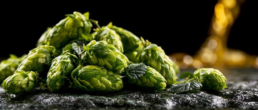Green hop cones resting on dark surface with beer pour in soft focus