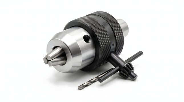Industrial drill chuck key and metal bit tool set on white surface.