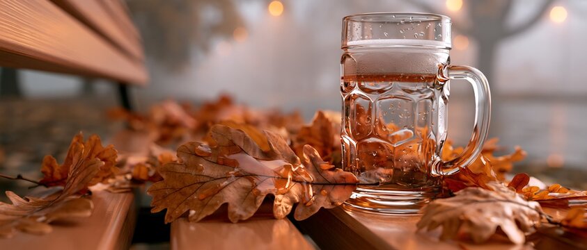 Mug of cold beverage rests amid fallen maple leaves