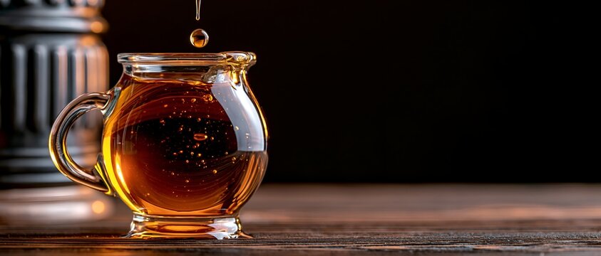 Rich amber liquid drips into a clear glass mug