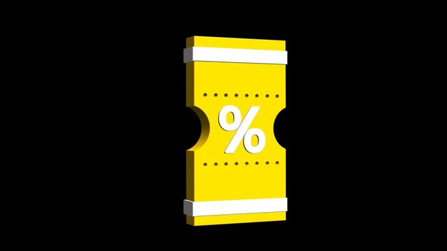 Animated 3D yellow discount coupon with percent symbol rotating on transparent background with alpha channel, suitable for sale, promotion and shopping concepts