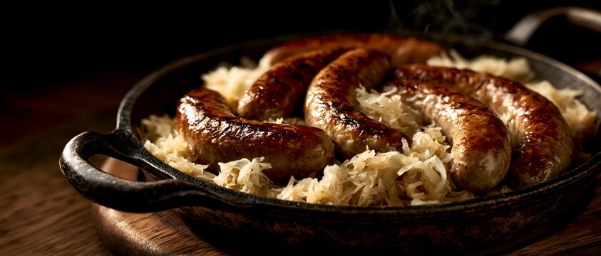 Sizzling sausages with sauerkraut in a black skillet
