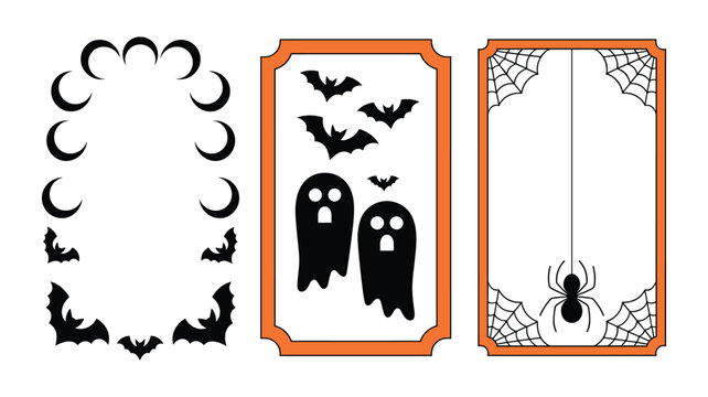 Set of halloween rectangular frames with bats ghosts and hanging spider web for party cards art.
