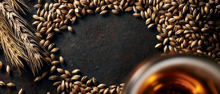 Wheat grains and ears arranged in circular pattern on dark surface