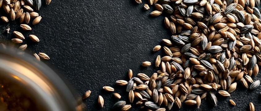 Wheat grains spread across dark textured background