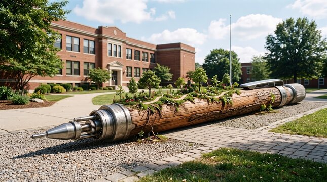 Giant mechanical pencil sculpture in a schoolyard, creative outdoor art installation.