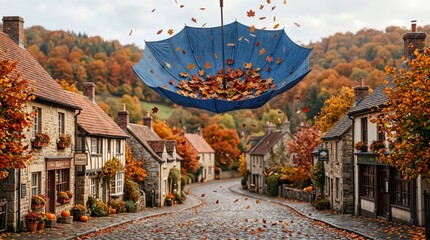 Obraz premium Blue umbrella catching falling autumn leaves in a quaint European village street scene.