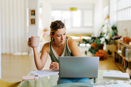 Woman concentrating on laptop at home