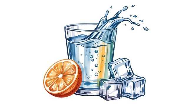 Glass of cold water with orange slice and ice cubes