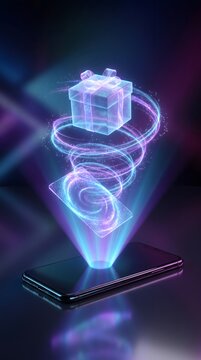 Smartphone projecting holographic gift and secure card.