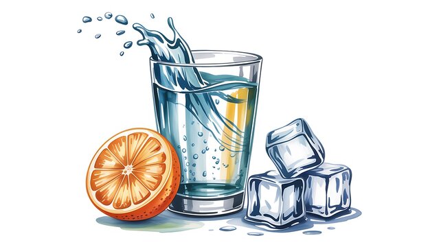 Glass of cold water with orange slice and ice cubes
