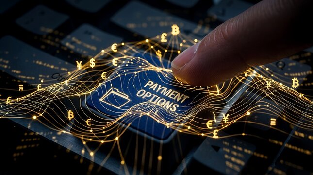 Finger Pressing Payment Options Keyboard Key with Glowing Digital Currency and Blockchain Network