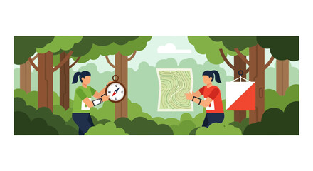 Fototapeta premium Orienteering Sport Illustration: Women Navigating Forest with Compass and Map