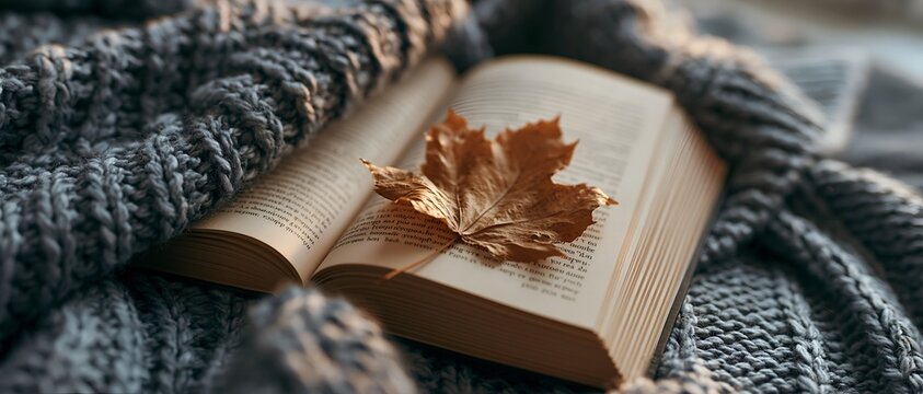 Cozy reading scene with open book, knitted blanket, and autumn maple leaf