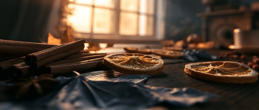Cozy still life with dried citrus and spice