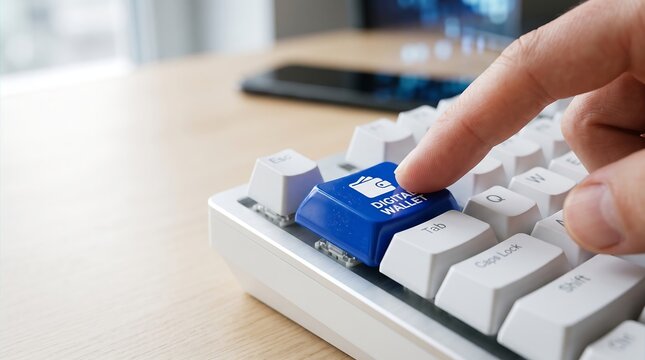 Hand Pressing Blue Digital Wallet Button on White Computer Keyboard on Office Desk for Online Payment, Cashless Transaction, and E-commerce Fintech Concept