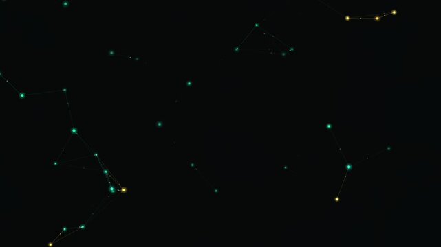 Abstract dark background with glowing green and yellow digital connections, lines, and dots representing data network communication, cyber security, and technology