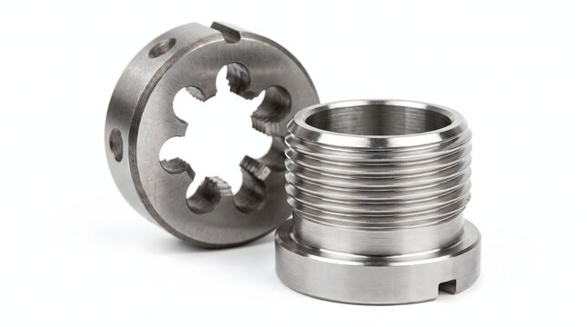 Industrial steel pipe die and threaded adapter on white background.