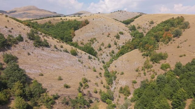 Aerial View Drought Affected Rolling Hills Visocica Mountain Dry Yellow Grass Valley Landscape Bosnia