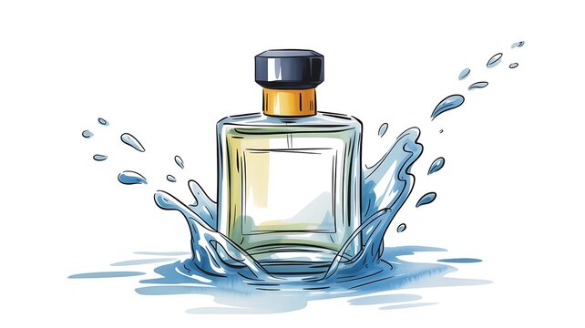 Glass perfume bottle with water splash illustration