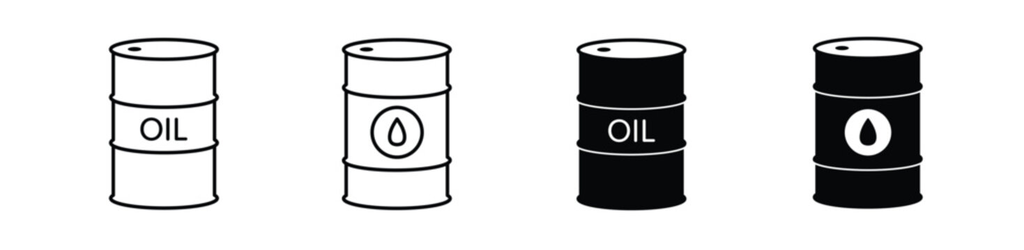 Set of four oil barrel icons, including outline and solid black styles with text and drop symbols, representing fuel, energy, and industrial storage