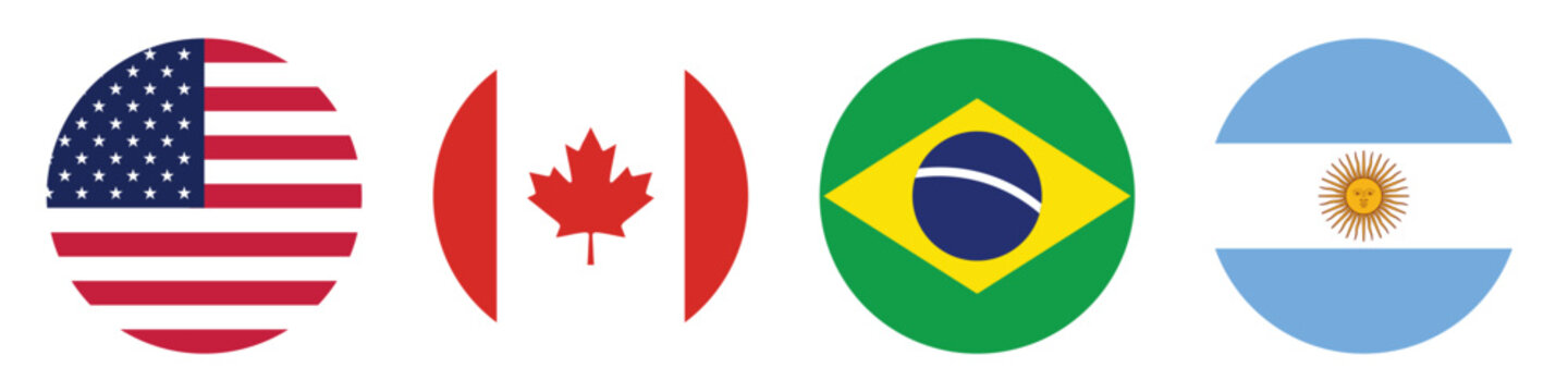 Set of four circular national flags of the americas including the united states, canada, brazil, and argentina isolated on white background