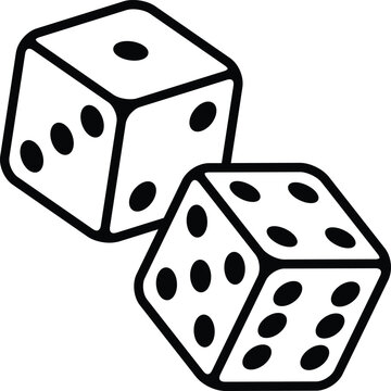 Two dice showing different numbers, black and white illustration of gambling cubes, vector graphic design element for games and casino concepts