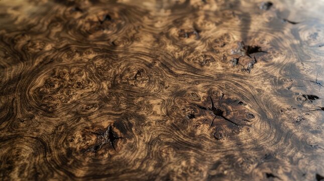 Close-up of rich walnut burl wood with swirling grain patterns and natural texture for luxury design