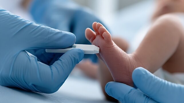Medical professional in blue gloves performing a heel prick on a newborn's foot for routine newborn screening blood test in a hospital or clinic setting, close up care moment