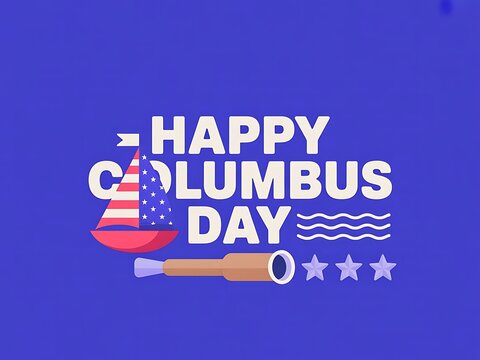 Happy Columbus Day celebration graphic with a stylized sailing ship and telescope icon