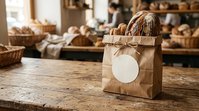 Fresh artisan bread in a paper bag with a blank label on a rustic wooden bakery table.