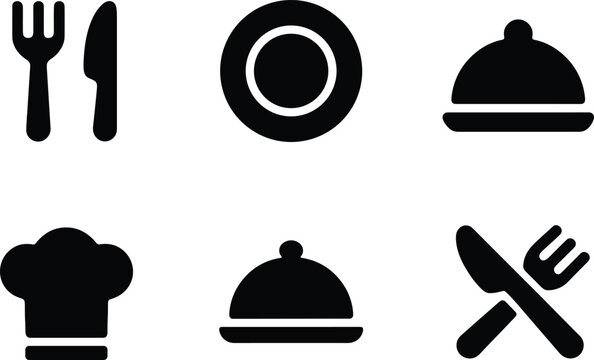 Set of restaurant and kitchen icons including chef hat, plate, fork, knife and food serving cloche isolated on white background