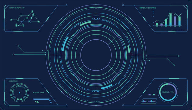 Futuristic digital dashboard interface with circular radar and data charts showing real-time system performance and information analysis.