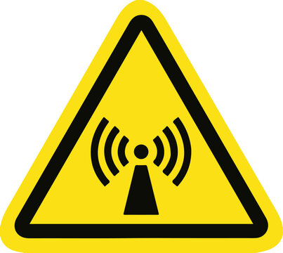 Nonionizing radiation hazard warning sign, yellow triangle with black radio frequency electromagnetic field symbol, vector illustration isolated on white background