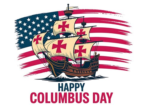 Vintage illustration of a wooden ship with sails against the united states flag for columbus day celebration
