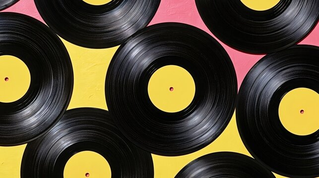 Vinyl records with vibrant yellow labels arranged on a bright pink and yellow textured background, forming a repeating pattern representing retro music and audio culture