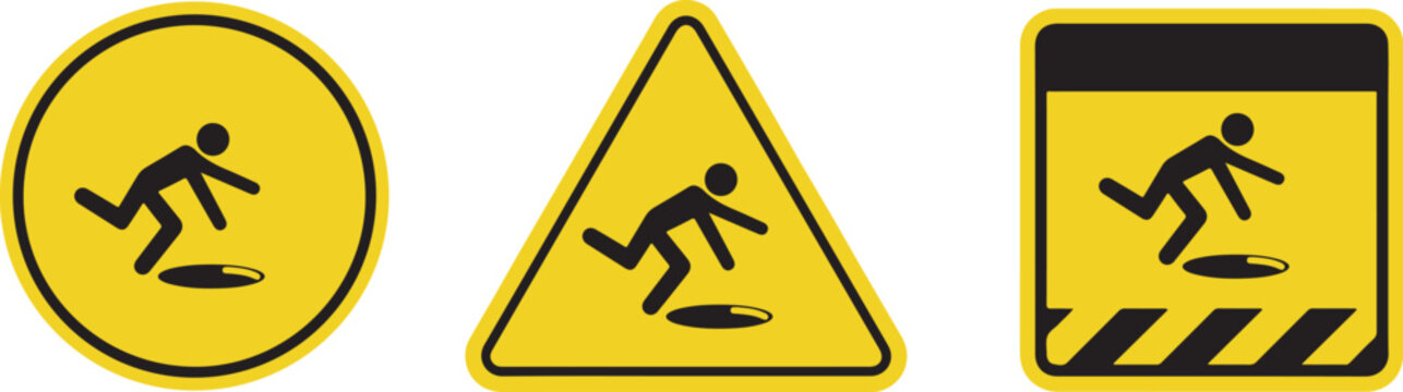 Set of warning signs with a person falling into a hole, yellow hazard symbols for construction sites, industrial safety icons, vector illustration isolated on white background