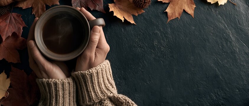Warm drink in hands, surrounded by maple and oak leaves