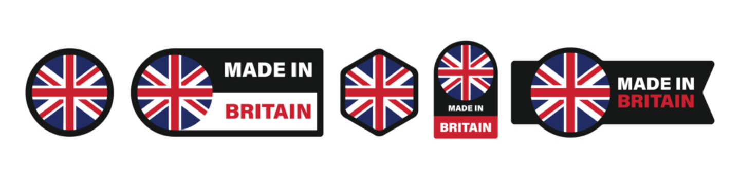 Set of made in britain labels and badges with union jack flag design, various shapes including circular, rectangular, and hexagonal, professional vector illustration
