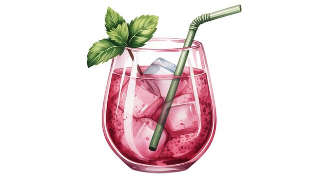 Refreshing pink cocktail with ice and fresh mint leaves