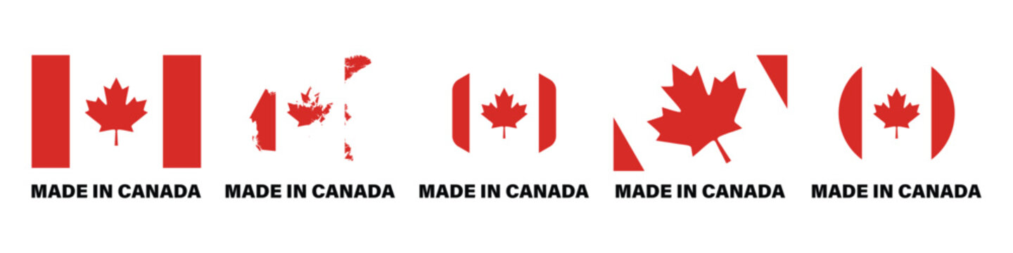 Set of five different made in canada logo designs featuring the canadian maple leaf flag symbol, creative minimalist vector icons for national product branding isolated on white background