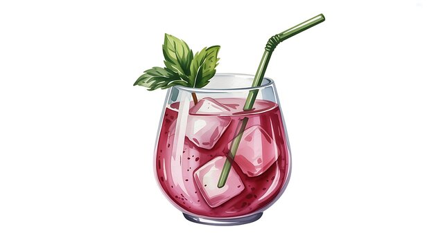 Refreshing pink cocktail with ice and mint in a glass