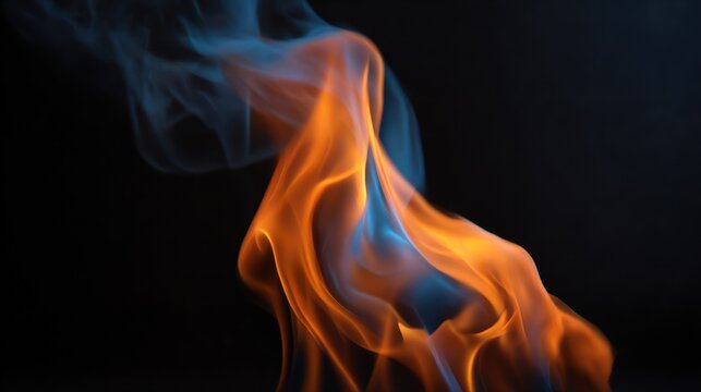 Single flame on black background with orange, yellow, and blue hues and soft gray smoke