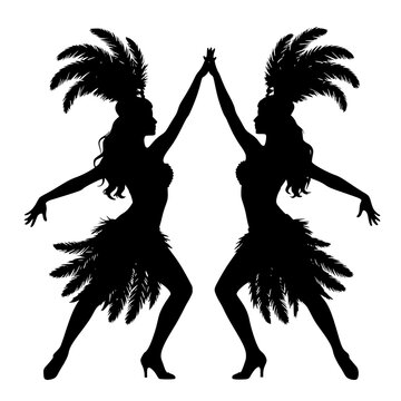 Black silhouettes of two cabaret showgirls in feathered headdresses and tiered dresses - design for carnival party invitations, dance studio posters, and retro theater flyers. JPEG version.