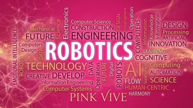 Word cloud focused on robotics with terms like engineering, ai, and technology in white text on a textured pink and glowing light background