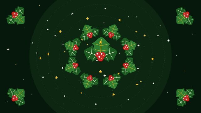Animated Holly Leaves Rotating in a Festive Green Space