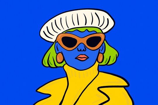 Stylish blue woman in sunglasses and beret illustration